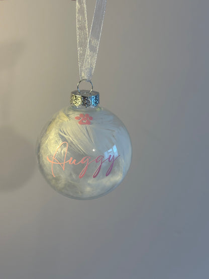 Personalised White Feather Paw Memorial Bauble: Dog, Cat, Pet Glass Remembrance Ornament