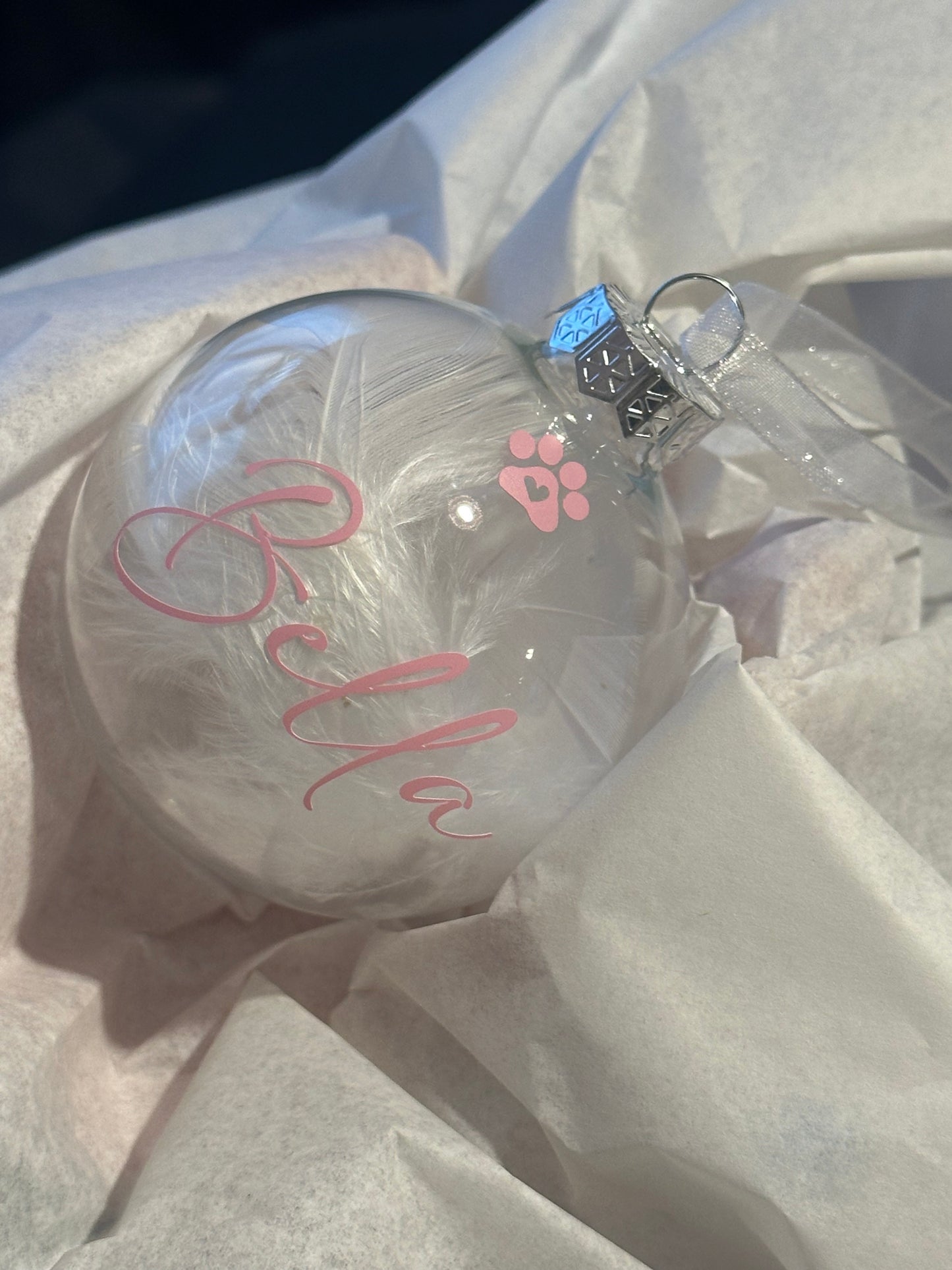 Personalised White Feather Paw Memorial Bauble: Dog, Cat, Pet Glass Remembrance Ornament