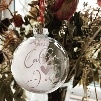 Personalised Glass Feather Bauble, Wedding Gift, Proposal Keepsake, Wife Gift, Fiancé Memento, Engagement Decor