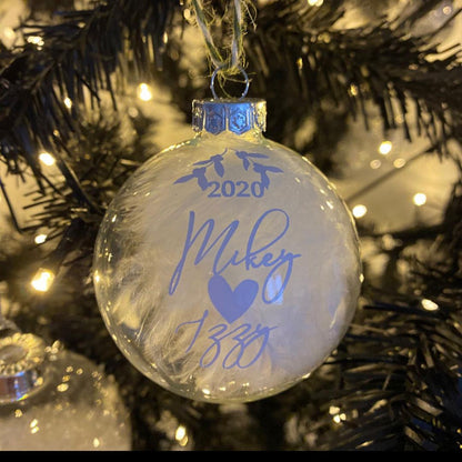 Personalised Glass Feather Bauble, Wedding Gift, Proposal Keepsake, Wife Gift, Fiancé Memento, Engagement Decor