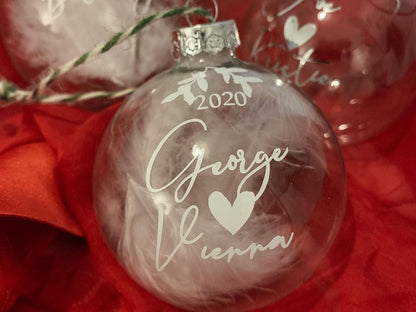 Personalised Glass Feather Bauble, Wedding Gift, Proposal Keepsake, Wife Gift, Fiancé Memento, Engagement Decor