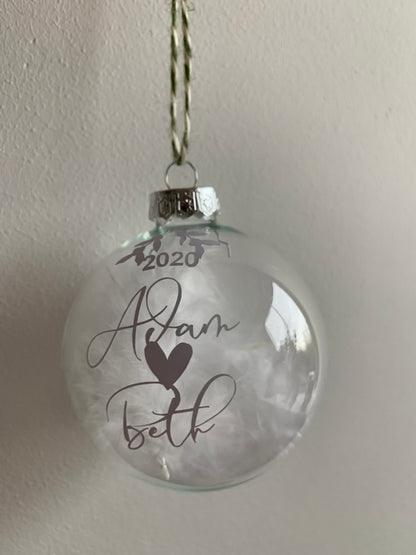 Personalised Glass Feather Bauble, Wedding Gift, Proposal Keepsake, Wife Gift, Fiancé Memento, Engagement Decor
