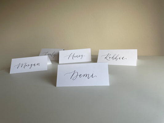Tented Calligraphy Wedding Place Name Card | White Card with Hand Written Calligraphy