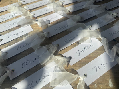 WHITE Organza Calligraphy Place Name Card | White Calligraphy Wedding Place Name Card | Gold or Silver Eyelet