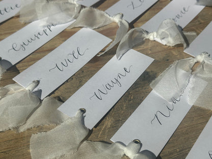 WHITE Organza Calligraphy Place Name Card | White Calligraphy Wedding Place Name Card | Gold or Silver Eyelet