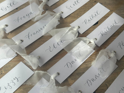 WHITE Organza Calligraphy Place Name Card | White Calligraphy Wedding Place Name Card | Gold or Silver Eyelet