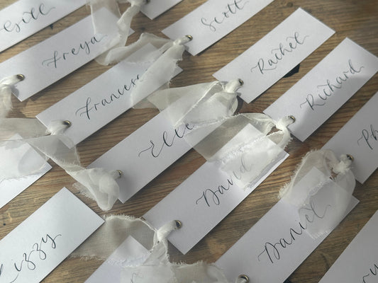 WHITE Organza Calligraphy Place Name Card | White Calligraphy Wedding Place Name Card | Gold or Silver Eyelet