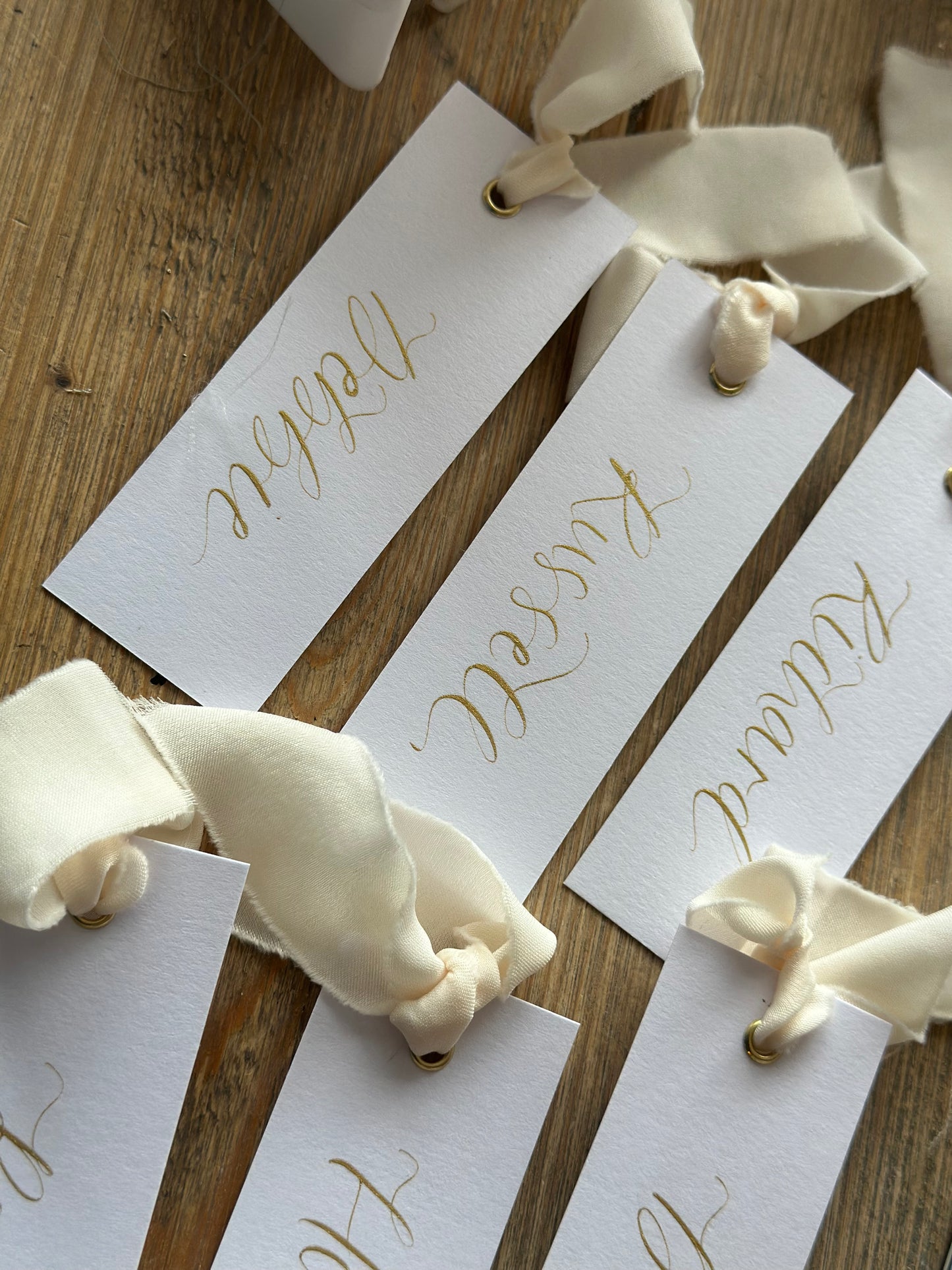 CHAMPAGNE Chiffon Gold Calligraphy Place Name Card | White Calligraphy Wedding Place Name Card | Gold or Silver Eyelet