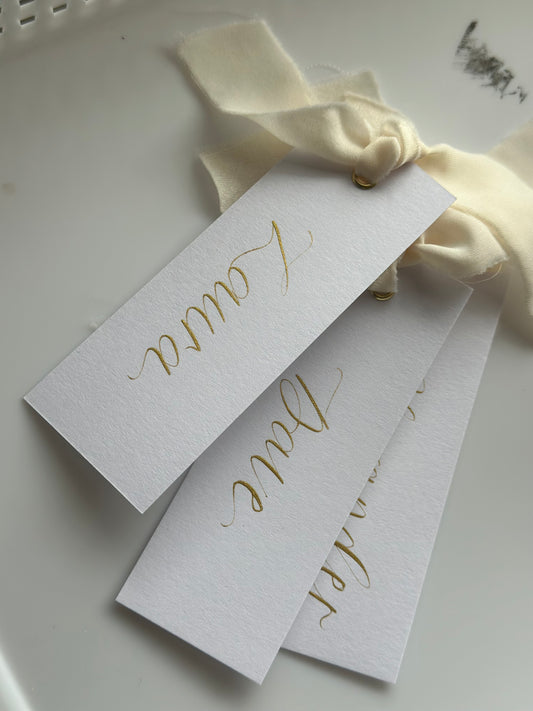 CHAMPAGNE Chiffon Gold Calligraphy Place Name Card | White Calligraphy Wedding Place Name Card | Gold or Silver Eyelet