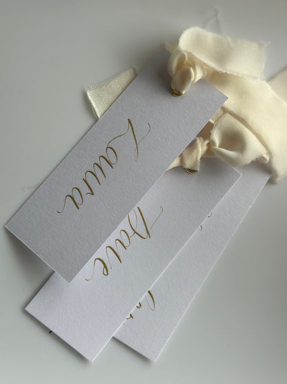 CHAMPAGNE Chiffon Gold Calligraphy Place Name Card | White Calligraphy Wedding Place Name Card | Gold or Silver Eyelet