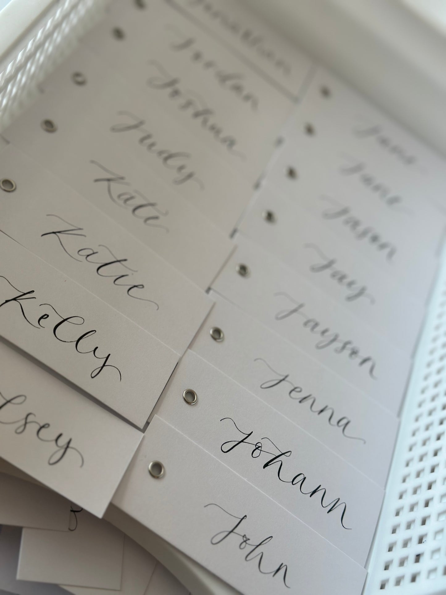 WHITE Calligraphy Place Name Card | White Card with Hand Written Calligraphy optional gold or silver eyelet