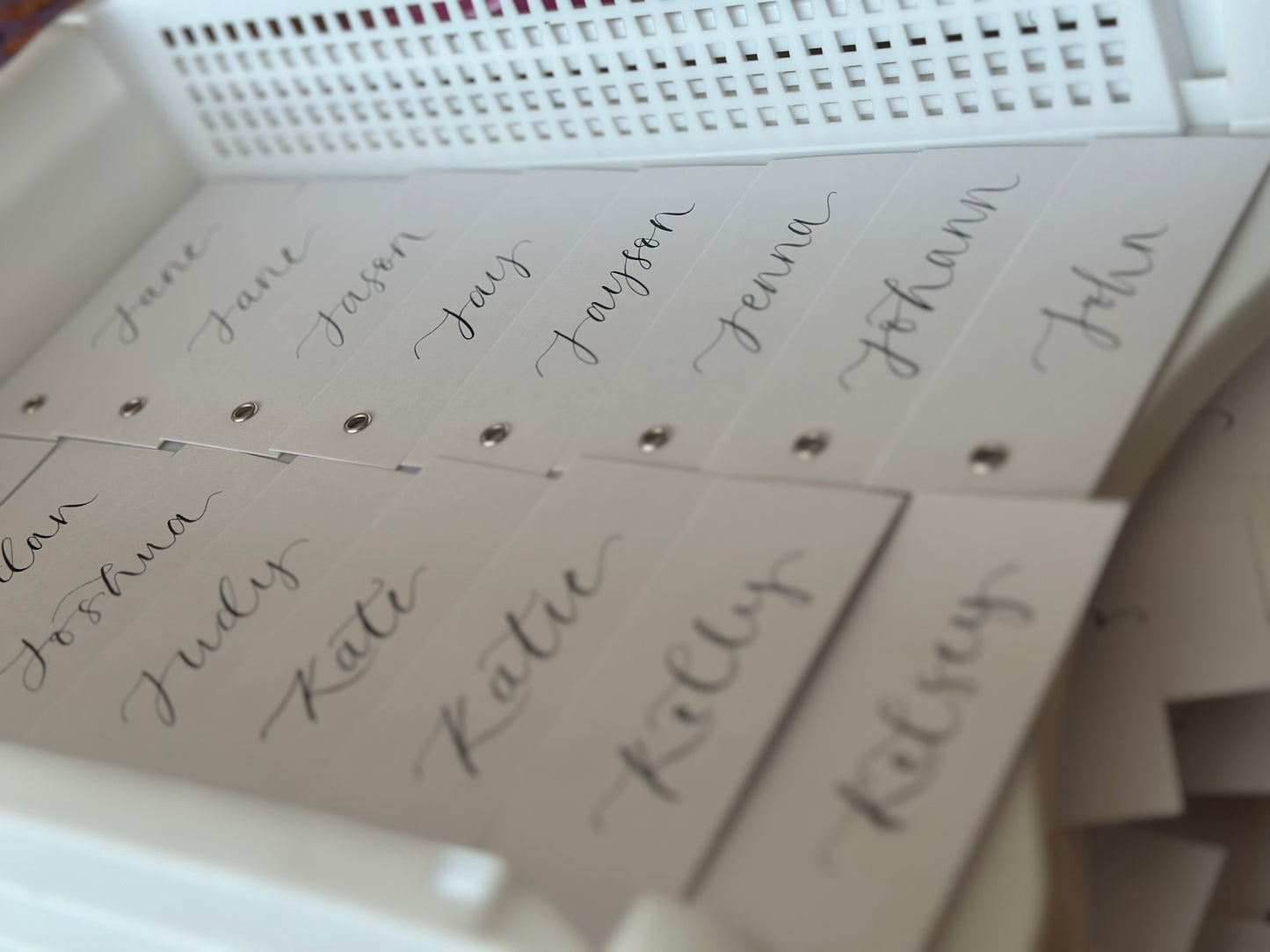 WHITE Calligraphy Place Name Card | White Card with Hand Written Calligraphy optional gold or silver eyelet