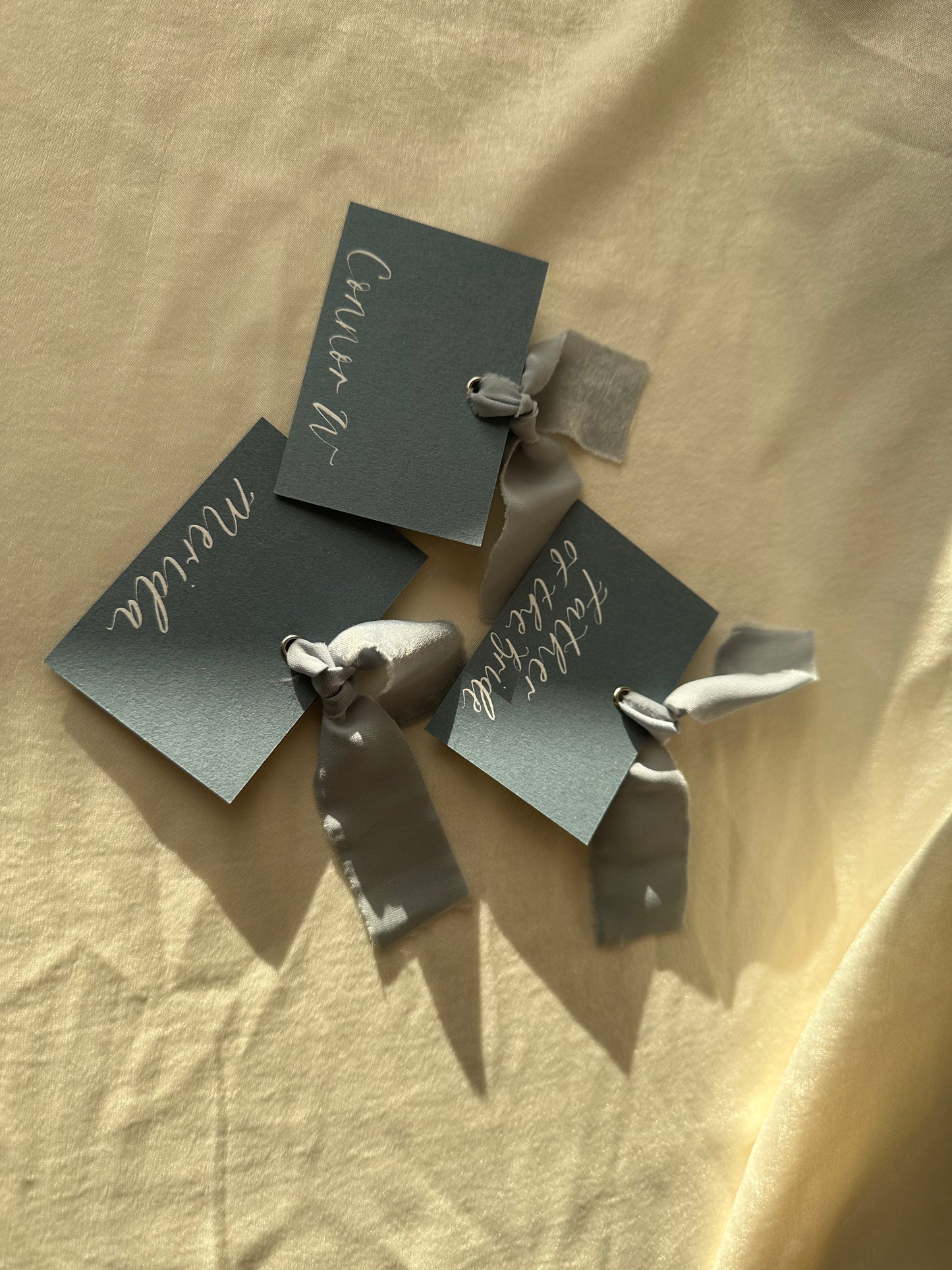 DUSKY BLUE Square *ish Ribbon Place Card | Calligraphy Wedding Place Name Card | Gold or Silver Eyelet