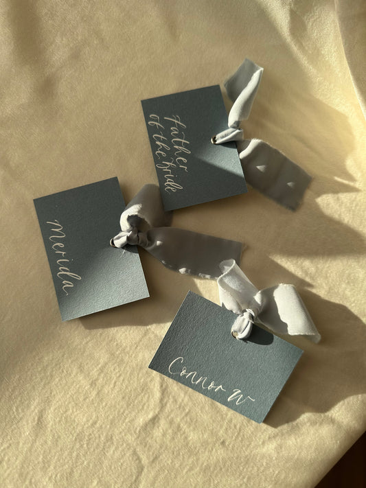DUSKY BLUE Square *ish Ribbon Place Card | Calligraphy Wedding Place Name Card | Gold or Silver Eyelet