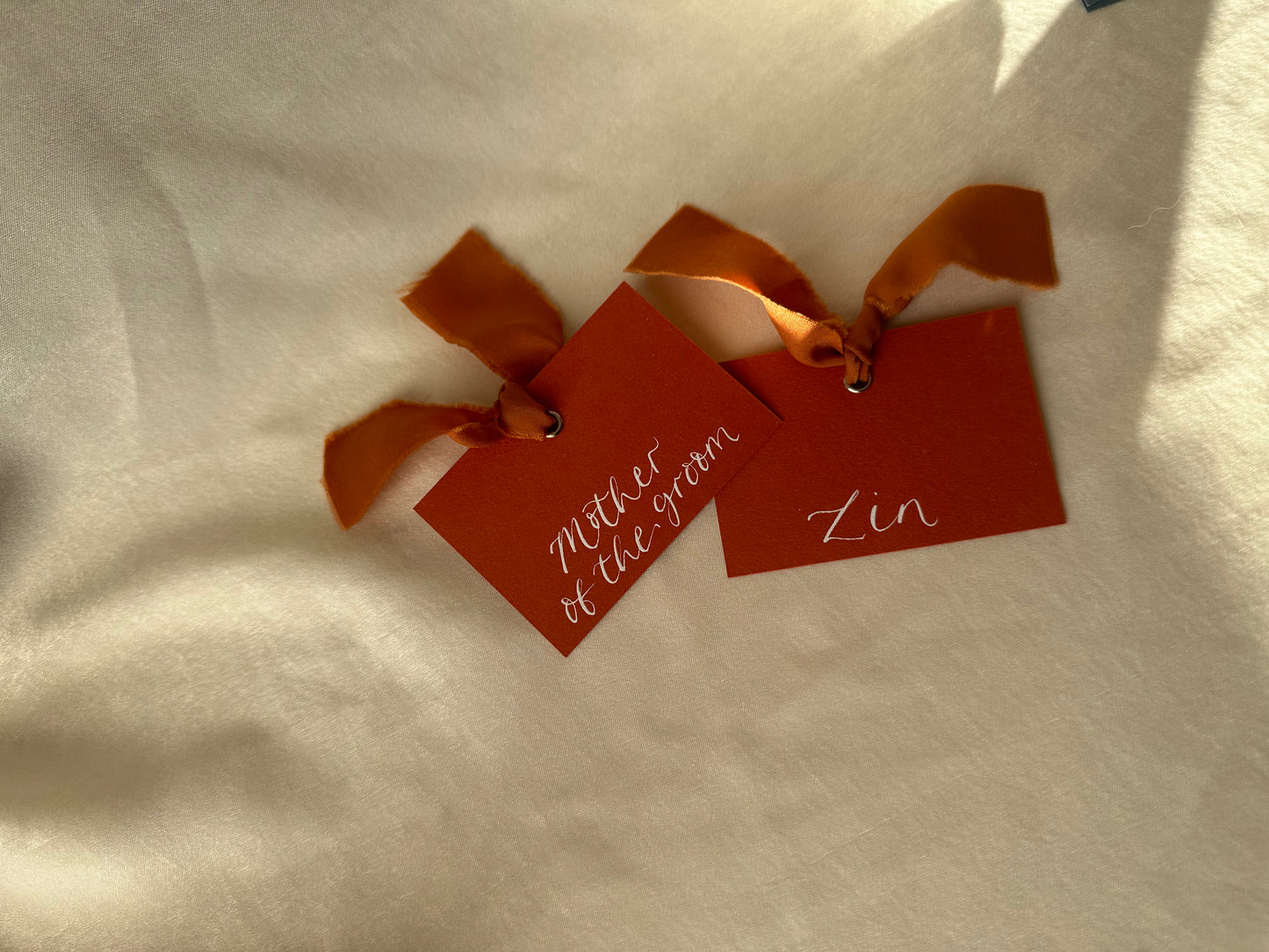 OCHRE Square *ish Ribbon Place Card | Calligraphy Wedding Place Name Card | Gold or Silver Eyelet