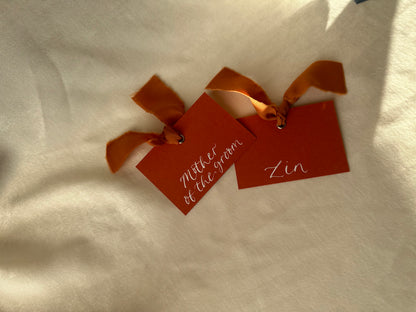 OCHRE Square *ish Ribbon Place Card | Calligraphy Wedding Place Name Card | Gold or Silver Eyelet