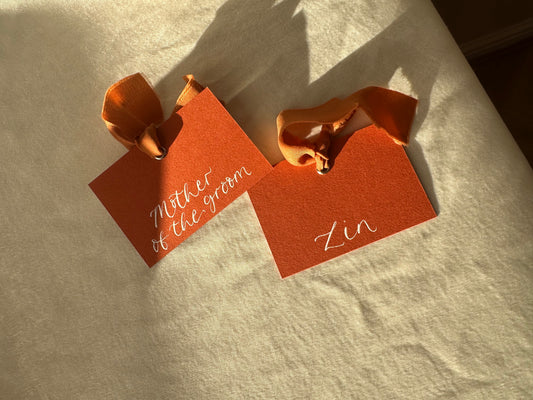 OCHRE Square *ish Ribbon Place Card | Calligraphy Wedding Place Name Card | Gold or Silver Eyelet