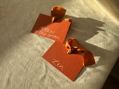 OCHRE Square *ish Ribbon Place Card | Calligraphy Wedding Place Name Card | Gold or Silver Eyelet