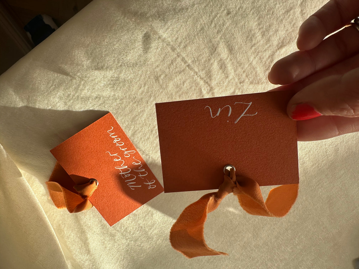 OCHRE Square *ish Ribbon Place Card | Calligraphy Wedding Place Name Card | Gold or Silver Eyelet