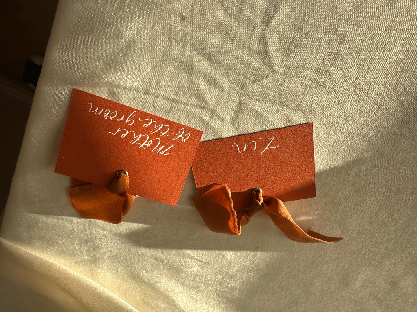 OCHRE Square *ish Ribbon Place Card | Calligraphy Wedding Place Name Card | Gold or Silver Eyelet