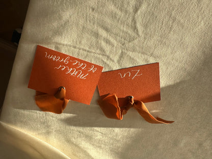 OCHRE Square *ish Ribbon Place Card | Calligraphy Wedding Place Name Card | Gold or Silver Eyelet