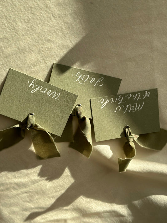 EUCALYPTUS Square *ish Ribbon Place Card | Calligraphy Wedding Place Name Card | Gold or Silver Eyelet