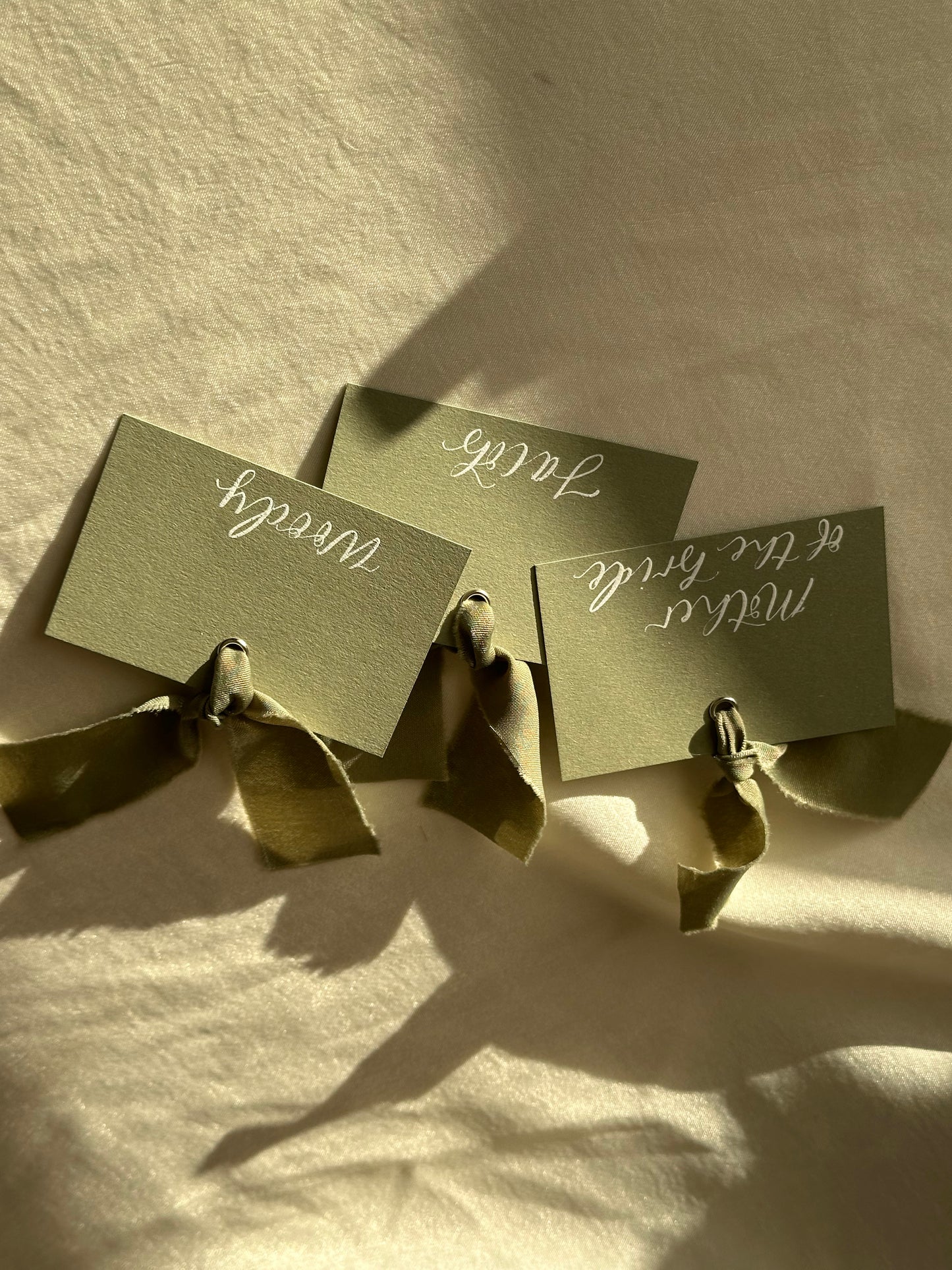 EUCALYPTUS Square *ish Ribbon Place Card | Calligraphy Wedding Place Name Card | Gold or Silver Eyelet