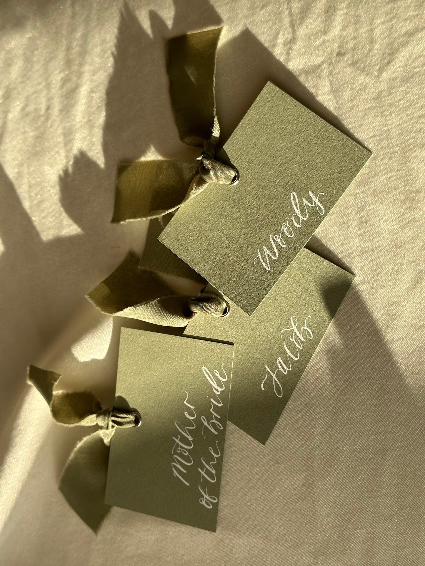 EUCALYPTUS Square *ish Ribbon Place Card | Calligraphy Wedding Place Name Card | Gold or Silver Eyelet