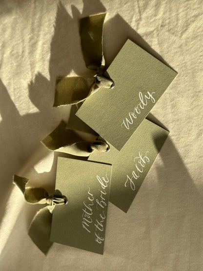 EUCALYPTUS Square *ish Ribbon Place Card | Calligraphy Wedding Place Name Card | Gold or Silver Eyelet