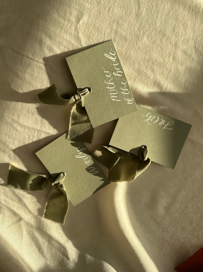 EUCALYPTUS Square *ish Ribbon Place Card | Calligraphy Wedding Place Name Card | Gold or Silver Eyelet