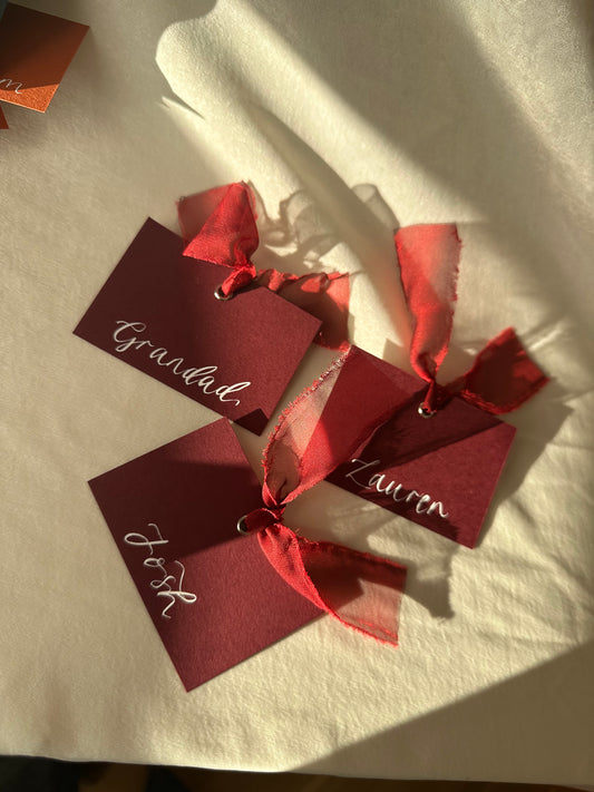 BURGUNDY + WINE Square *ish Organza Ribbon Place Card | Calligraphy Wedding Place Name Card | Gold or Silver Eyelet