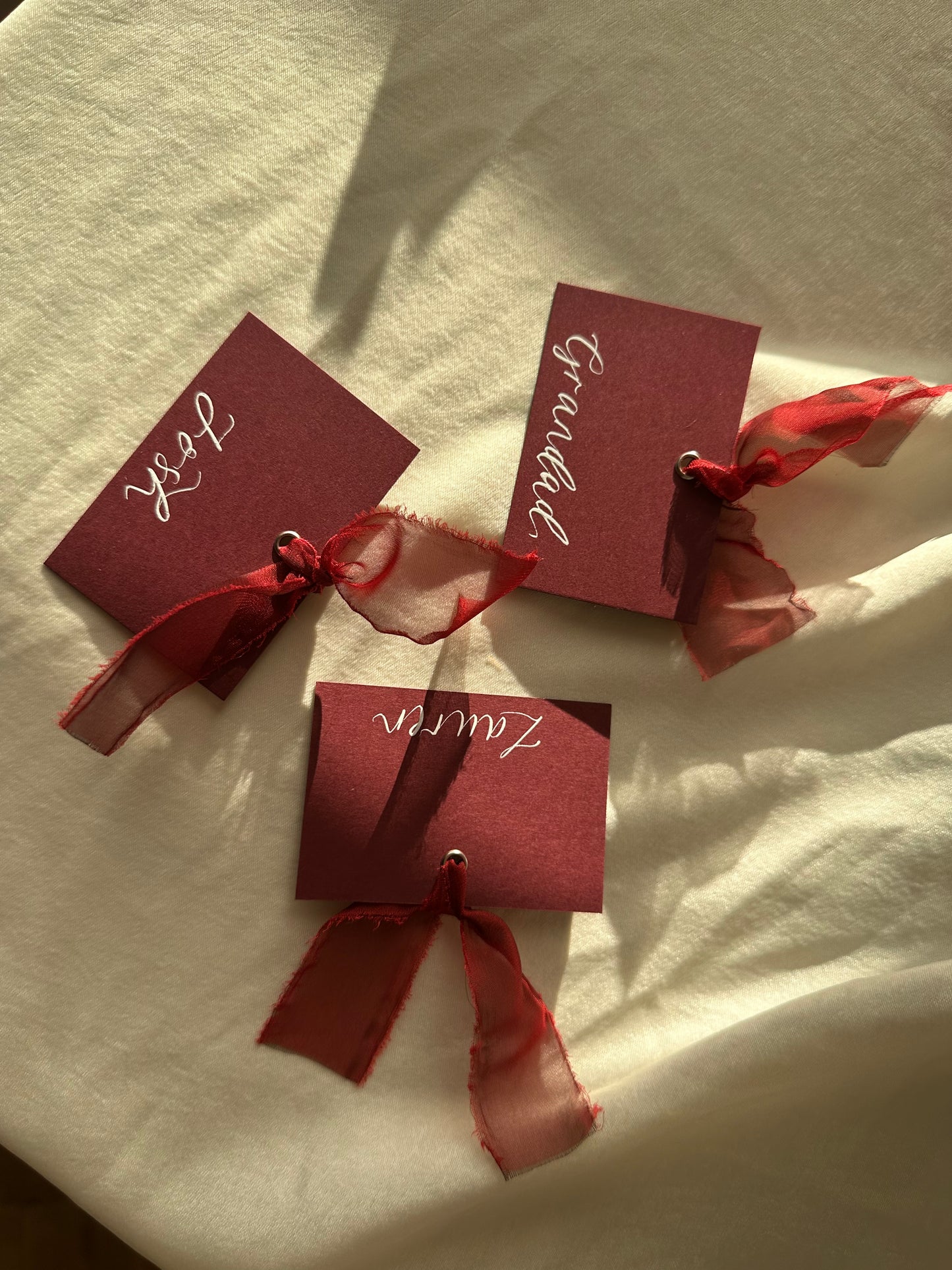 BURGUNDY + WINE Square *ish Organza Ribbon Place Card | Calligraphy Wedding Place Name Card | Gold or Silver Eyelet
