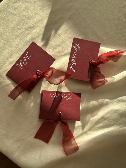 BURGUNDY + WINE Square *ish Organza Ribbon Place Card | Calligraphy Wedding Place Name Card | Gold or Silver Eyelet
