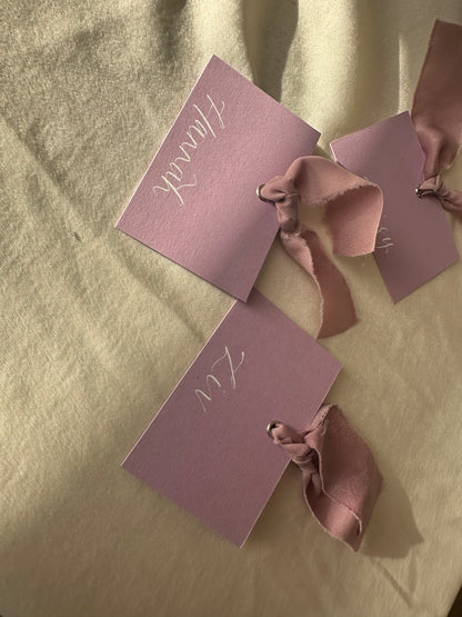 LILAC Square *ish Ribbon Place Card | Calligraphy Wedding Place Name Card | Gold or Silver Eyelet