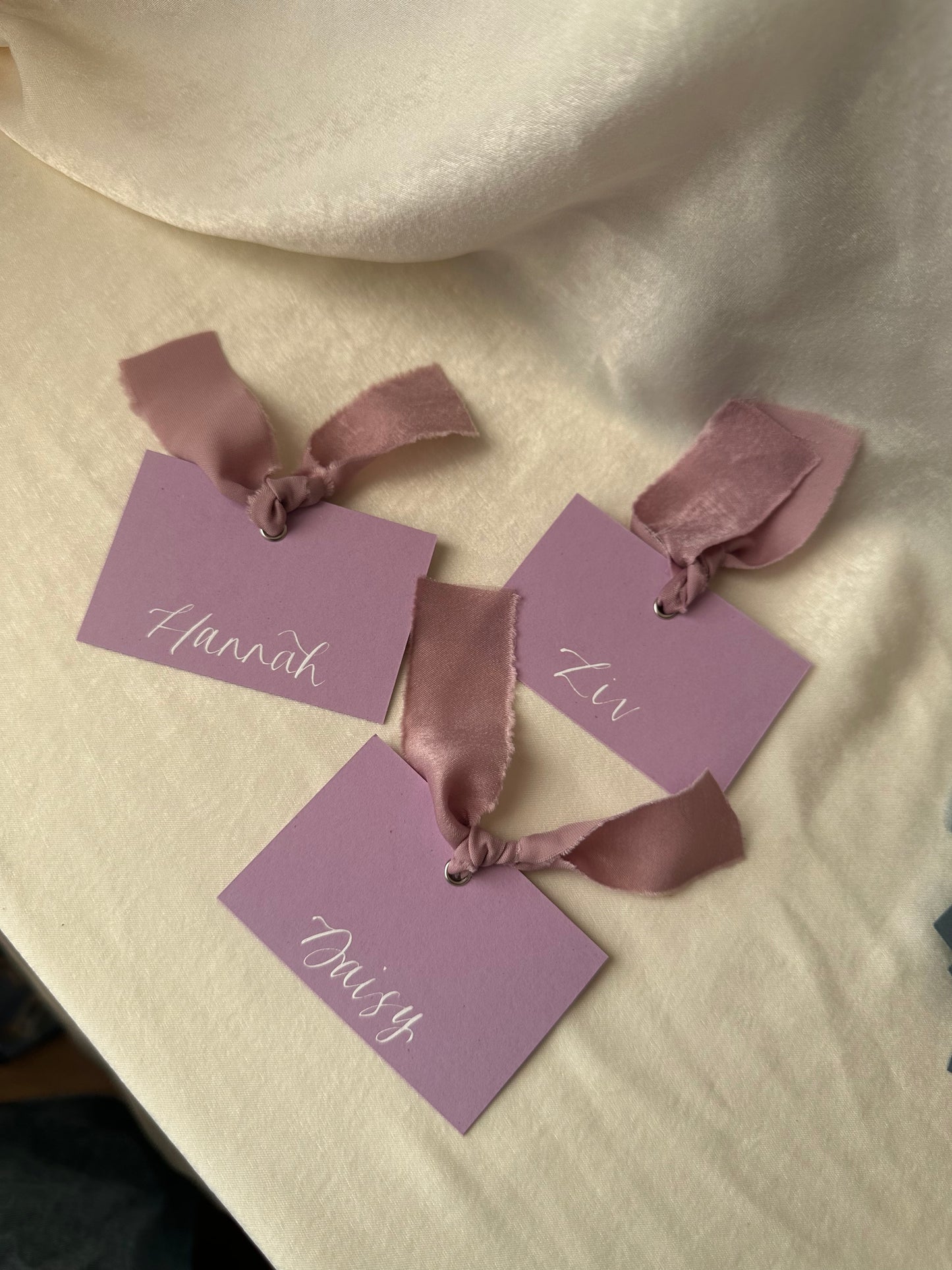 LILAC Square *ish Ribbon Place Card | Calligraphy Wedding Place Name Card | Gold or Silver Eyelet