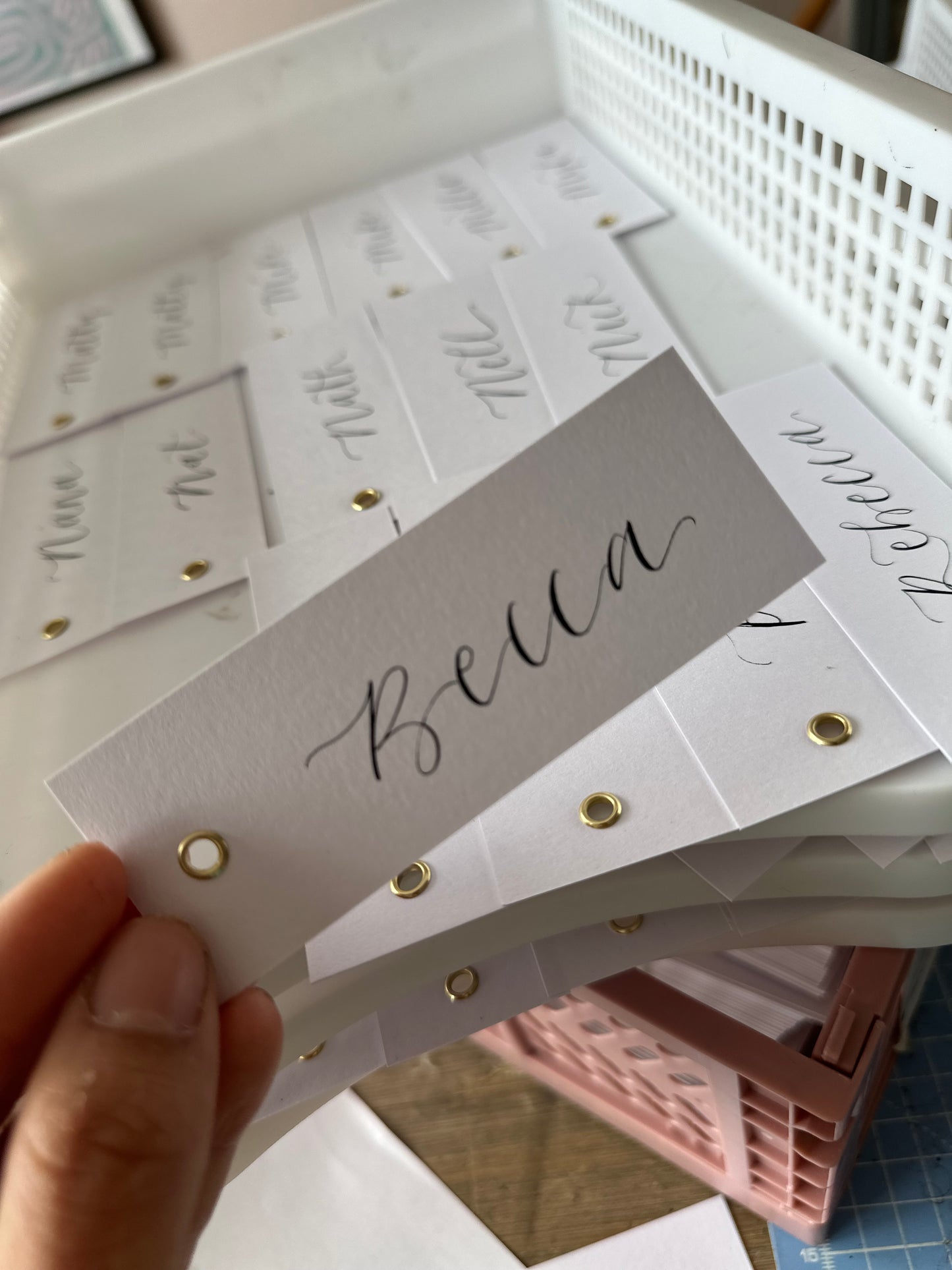 WHITE Calligraphy Place Name Card | White Card with Hand Written Calligraphy optional gold or silver eyelet