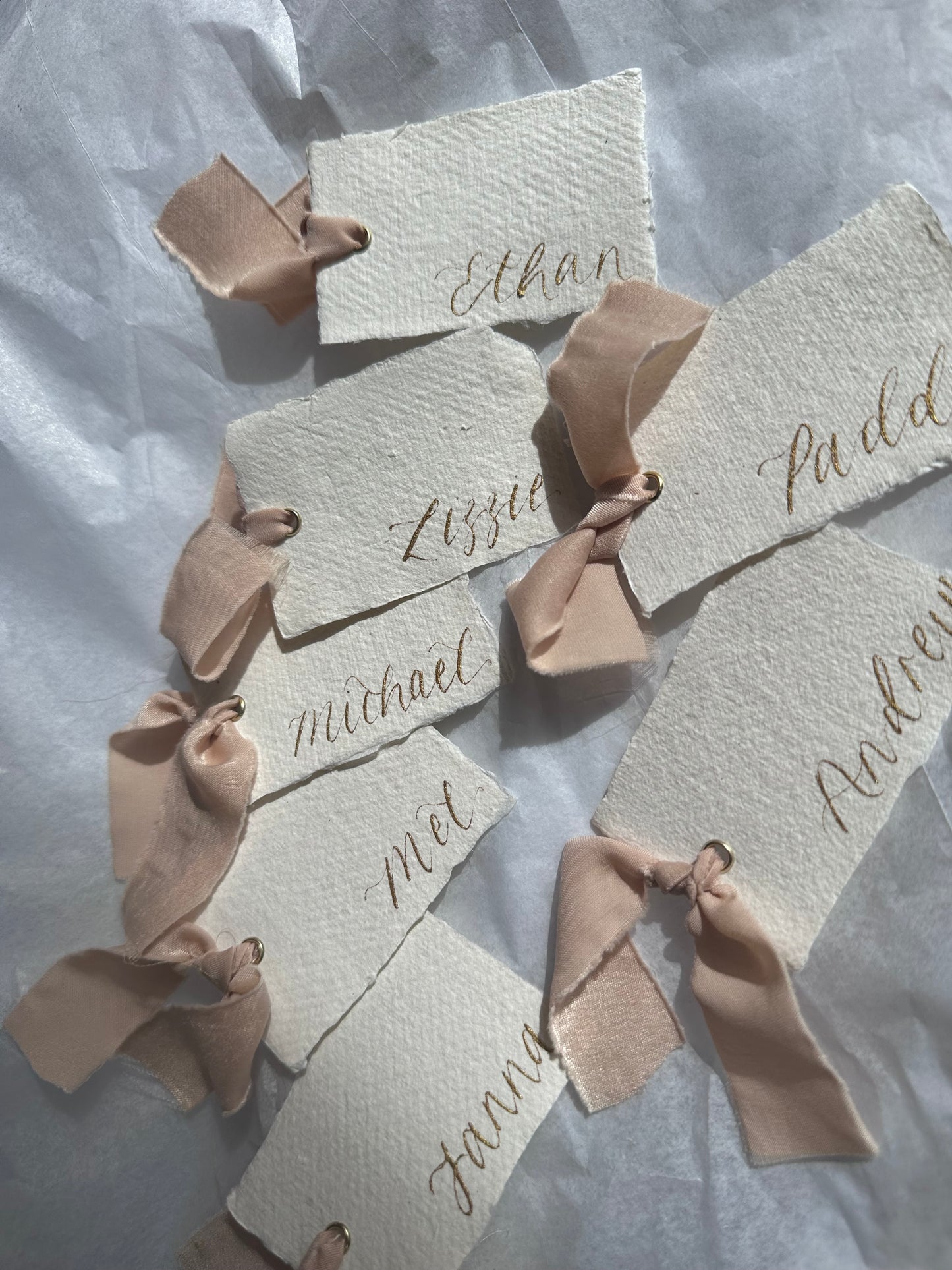 HANDMADE PAPER + NUDE Place Card Chiffon Ribbon | Calligraphy Wedding Place Name Card | Gold or Silver Eyelet