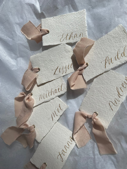 HANDMADE PAPER + NUDE Place Card Chiffon Ribbon | Calligraphy Wedding Place Name Card | Gold or Silver Eyelet