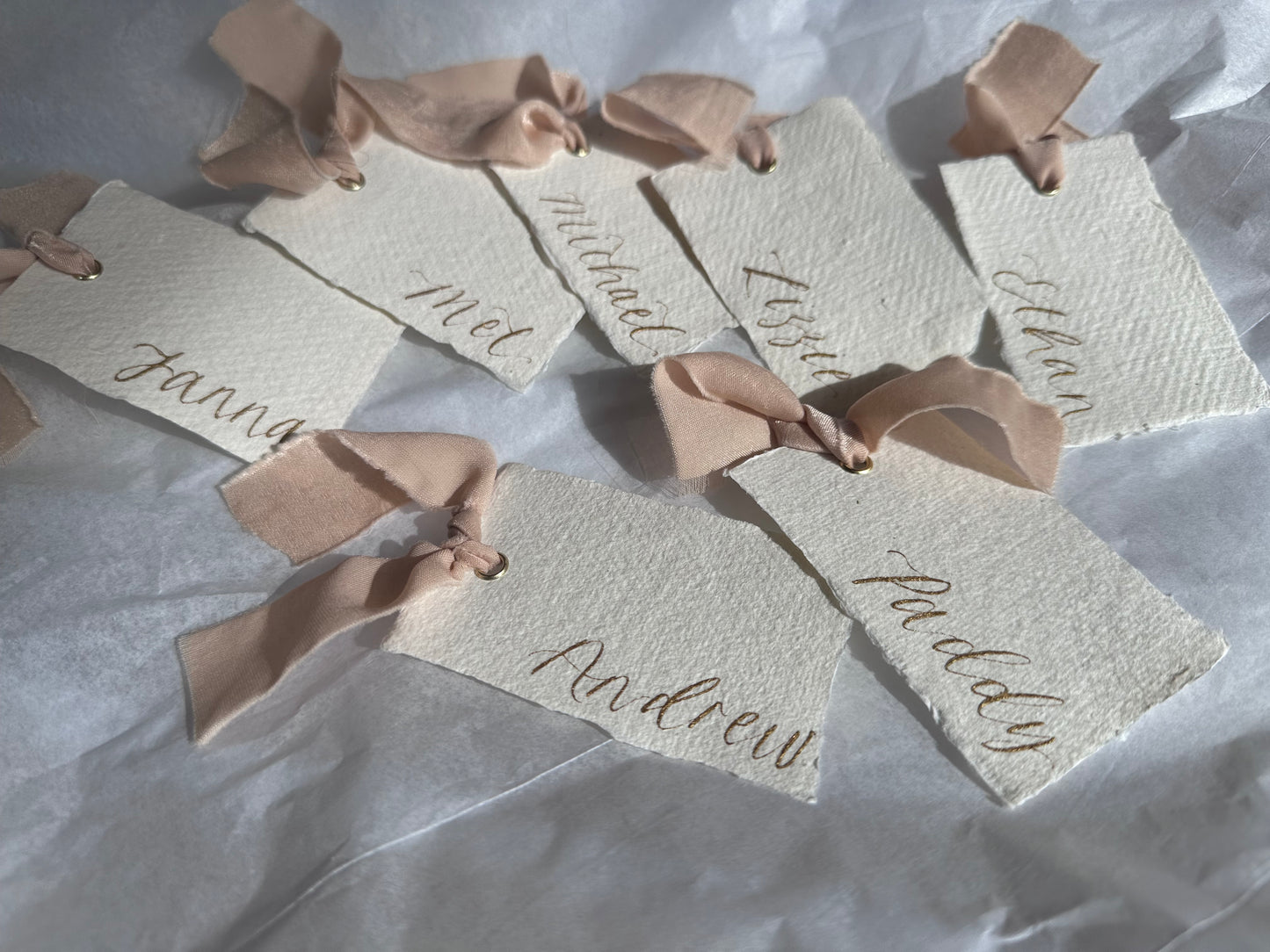 HANDMADE PAPER + NUDE Place Card Chiffon Ribbon | Calligraphy Wedding Place Name Card | Gold or Silver Eyelet