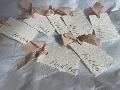HANDMADE PAPER + NUDE Place Card Chiffon Ribbon | Calligraphy Wedding Place Name Card | Gold or Silver Eyelet