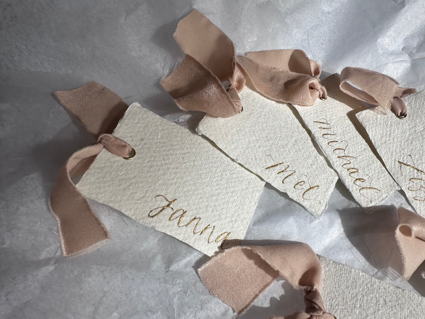 HANDMADE PAPER + NUDE Place Card Chiffon Ribbon | Calligraphy Wedding Place Name Card | Gold or Silver Eyelet