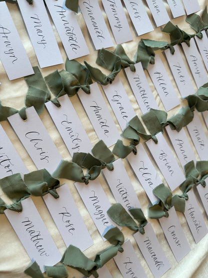 EUCALYPTUS Chiffon Calligraphy Place Name Card | White Calligraphy Wedding Place Name Card | Gold or Silver Eyelet