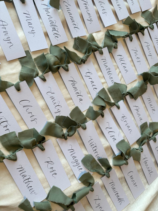 EUCALYPTUS Chiffon Calligraphy Place Name Card | White Calligraphy Wedding Place Name Card | Gold or Silver Eyelet