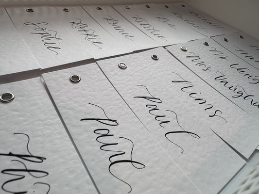 WHITE Hammered Calligraphy Place Name Card | Hammer Card with Hand Written Calligraphy optional gold or silver eyelet