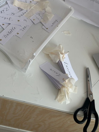 CHAMPAGNE Chiffon Ribbon Calligraphy Place Name Card | White Calligraphy Wedding Place Name Card | Gold or Silver Eyelet