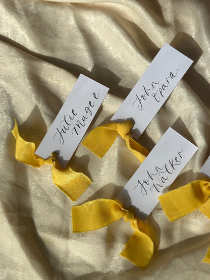LEMON Chiffon Calligraphy Place Name Card | White Calligraphy Wedding Place Name Card | Gold or Silver Eyelet