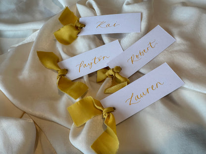 LEMON Chiffon Calligraphy Place Name Card | White Calligraphy Wedding Place Name Card | Gold or Silver Eyelet