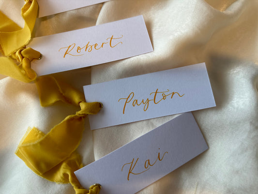 LEMON Chiffon Calligraphy Place Name Card | White Calligraphy Wedding Place Name Card | Gold or Silver Eyelet