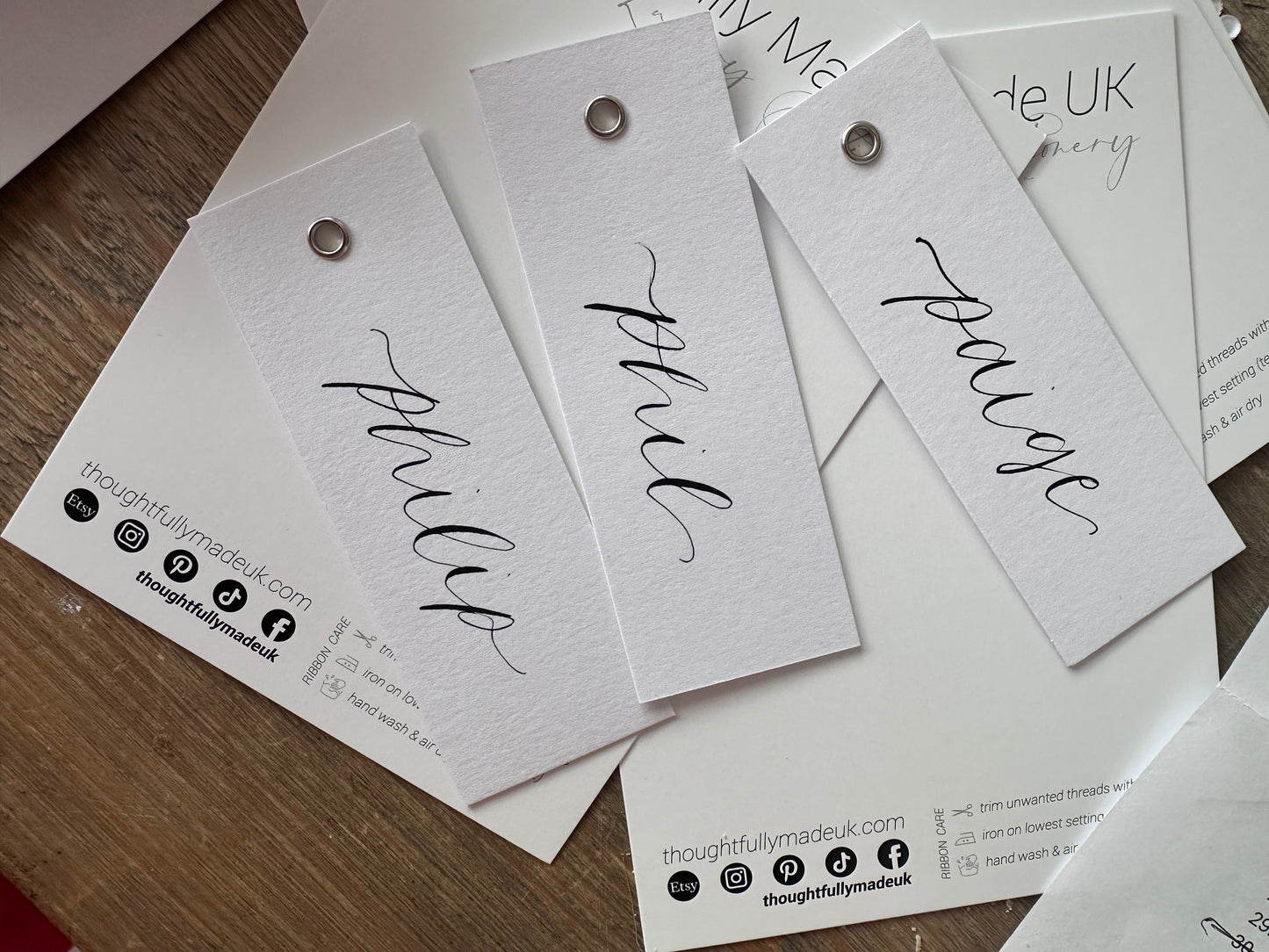 WHITE Calligraphy Place Name Card | White Card with Hand Written Calligraphy optional gold or silver eyelet