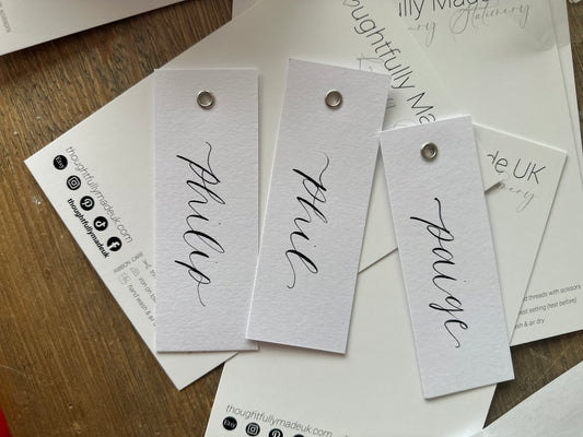 WHITE Calligraphy Place Name Card | White Card with Hand Written Calligraphy optional gold or silver eyelet